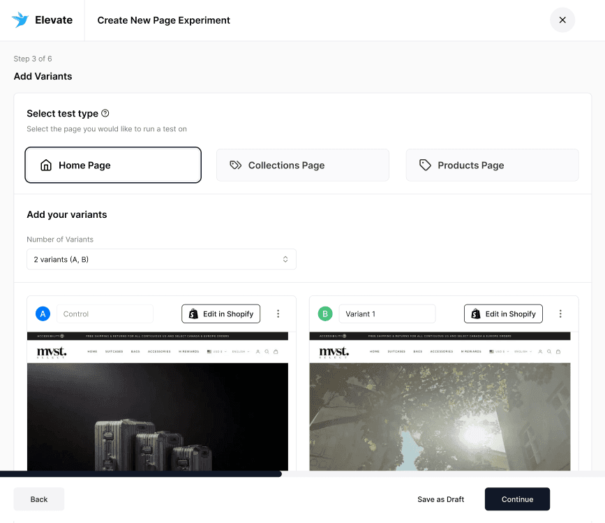 Elevate A/B Testing creating a shopify page test