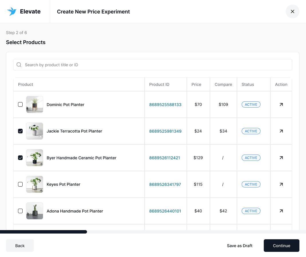 Elevate A/B Testing creating a shopify price experiment