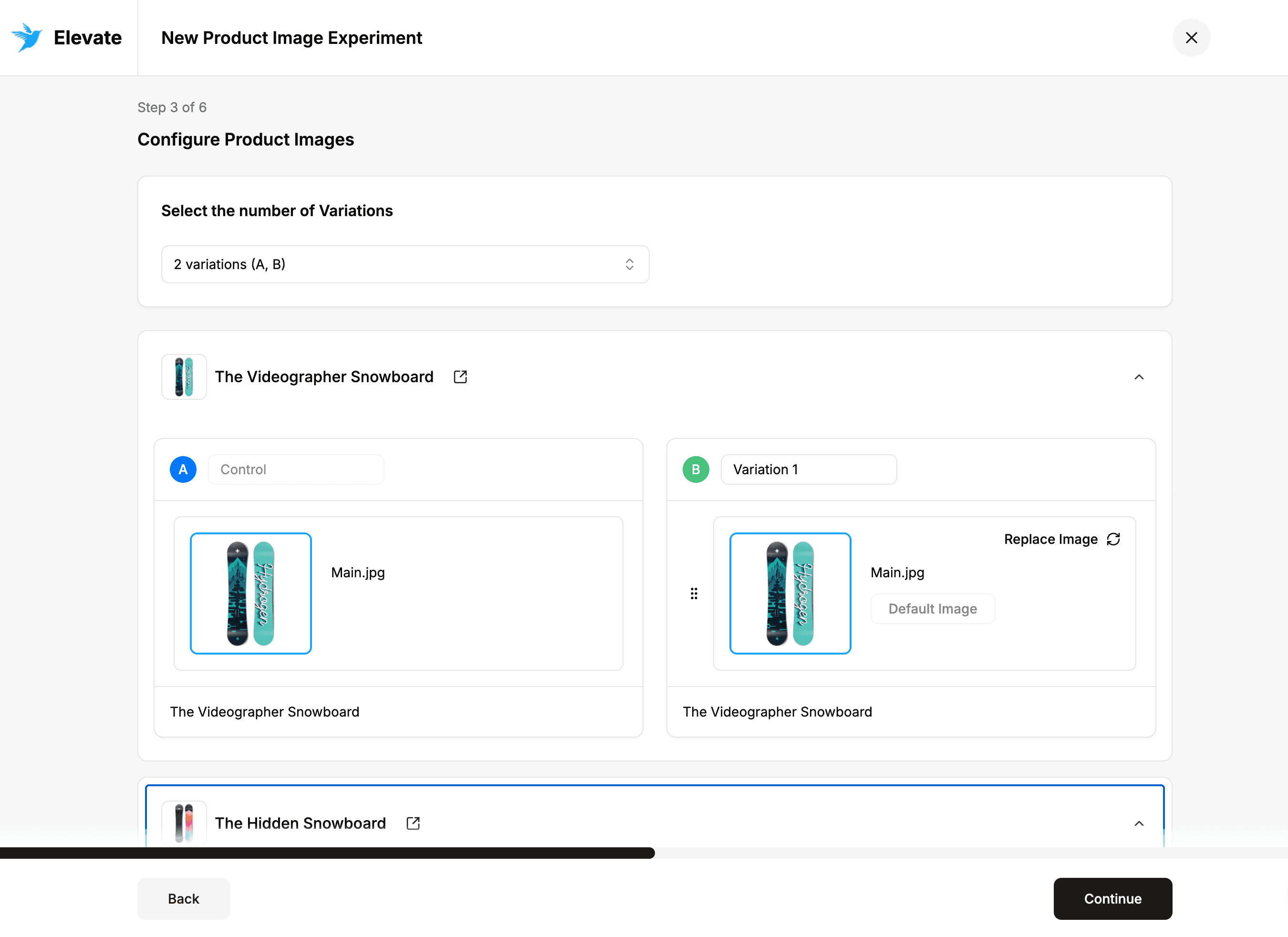 Elevate A/B Testing selecting Shopify products for a product image experiment