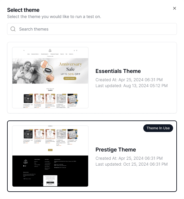 Elevate A/B Testing creating a shopify theme test